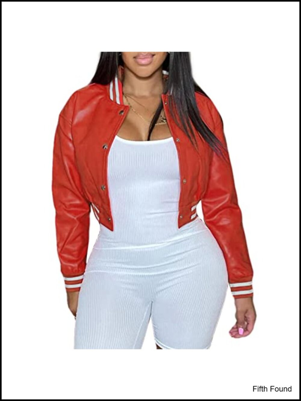 Faux Leather Varsity Bomber Jacket Crop Top Snap Button Letterman Outwear